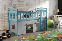 Dětská vyvýšená postel Felixio ZP 003 - certifikát modrá vyvýšená postel dziecieca z kolorowym domkiem 