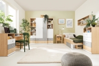 Študentská posteľ Pixel 14 - 90x200 cm - dub piškótový / biela lux / sivá Biely nábytok do izby tínedžera