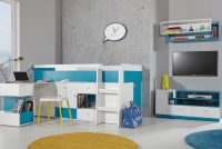 Posteľ poschodová 90x200 s písacím stolom a skriňkami Mobi MO21 - Biely / Tyrkysová praktycze Posteľ dla dziecka 