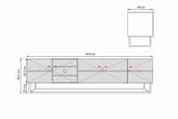 TV stolek Asha 200 cm - černý mat / černý kovový podstavec skříňka RTV Asha 200 cm s frézovanou přední částí i metalowym, czarnym stelazem - černá mat