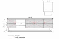 TV stolík Asha 200 cm na čiernom podstavci s 3 otvorenými policami - artisan / čierny mat TV skrinka Asha s frézovaným frontom, wnekami i metalowym stelazem 200 cm - artisan / rivier stone mat