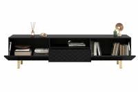 SCALIA II 190 2K1SZ TV-szekrény nyitott polccal - matt fekete / arany lábak SCALIA II 190 2K1SZ TV-szekrény előlapi bemélyedés - fekete matt / arany lábak - belső kialakítás