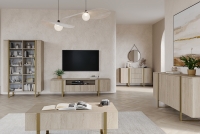 Verica 200 cm-es TV-szekrény nyitott polccal - szivacsos tölgy  / arany lábak stylový obývací pokoj
