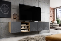 Závesný TV stolík Asha 200 cm s 3 otvorenými policami - artisan / rivier stone mat TV skrinka závesná Asha 200 cm s frézovaným frontom i wneka - artisan / rivier stone mat