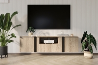 Verica 150 cm-es TV-szekrény, falra szerelhető, nyitott polccal - szivacsos-tölgy / fekete fogantyúk Verica 150 cm-es TV-szekrény, falra szerelhető, nyitott polccal - szivacsos tölgy / fekete fogantyúk - elrendezés