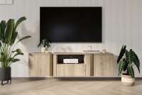 Verica 150 cm-es TV-szekrény, falra szerelhető, nyitott polccal - szivacsos-tölgy / arany fogantyúk Verica 150 cm-es TV-szekrény, falra szerelhető, nyitott polccal - szivacsos tölgy / arany fogantyúk - elrendezés