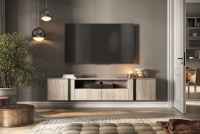 Verica 200 cm-es TV-szekrény, falra szerelhető, nyitott polccal - szivacsos tölgy  / fekete fogantyúk Skříňka rtv do obývacího pokoje