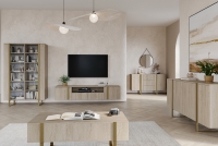 Závěsný TV stolek Verica 200 cm s výklenkem - dub piškotový / zlaté úchytky stylový obývací pokoj