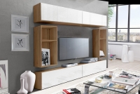 Skříňka závěsná Combo 1 - Dub wotan/MDF Bílý lesk - Konec série Komplet nábytku do obývacího pokoje 