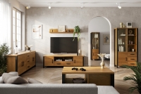 Dvojdverová vitrína so zásuvkami Carmelin 101 2D3SZ - dub caramel / čierny supermat Zostava dreveného nábytku do obývacej izby