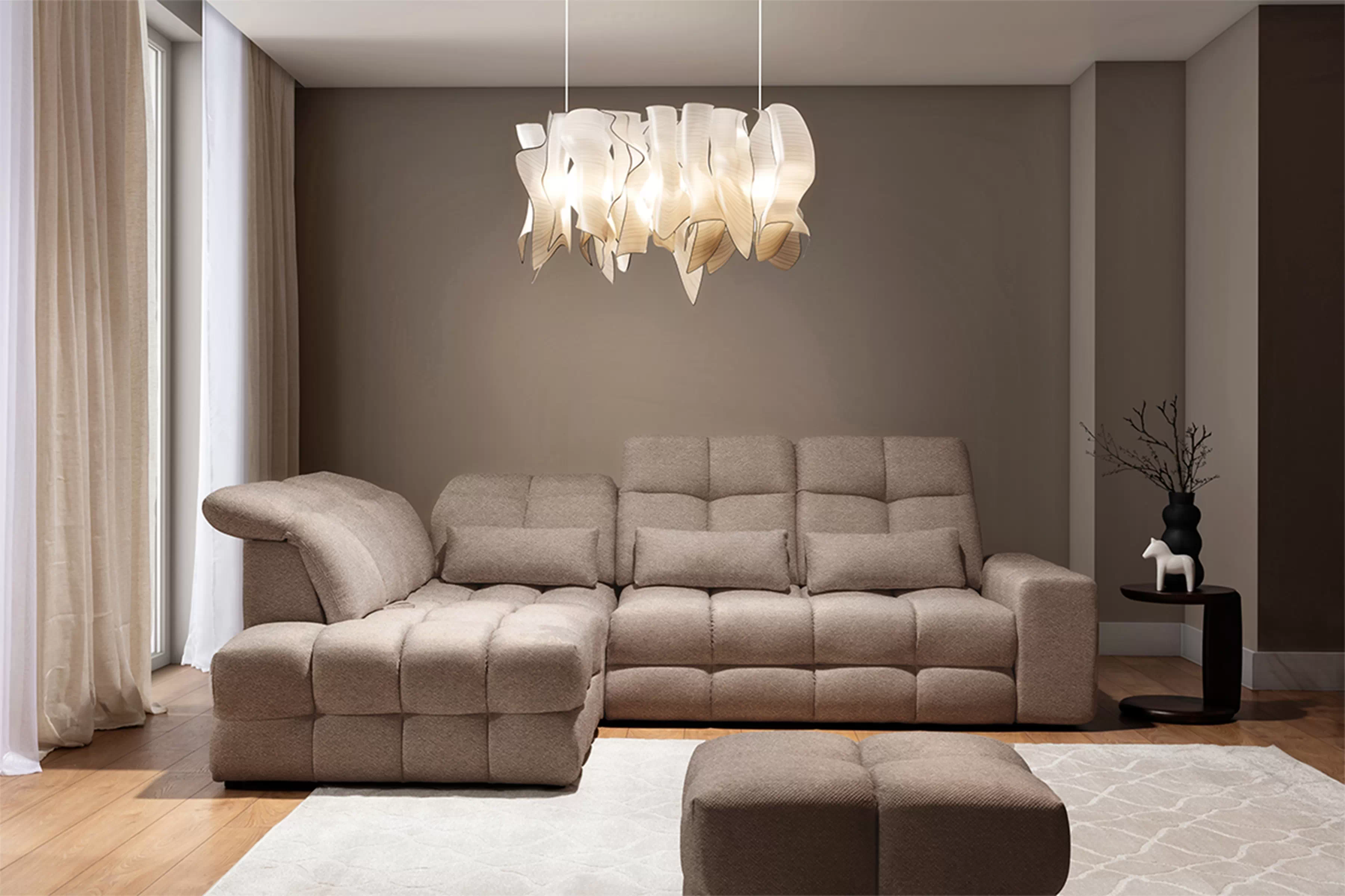 Rohová sedacia súprava Magnelio Prestige ľavá s elektrickým výsuvom sedáka - béžová látka Boucle Raven 34  Rohová sedacia súprava Magnelio Prestige L s elektricky výsuvným sedákem Ľavá strana - Béžová boucle Raven 34 