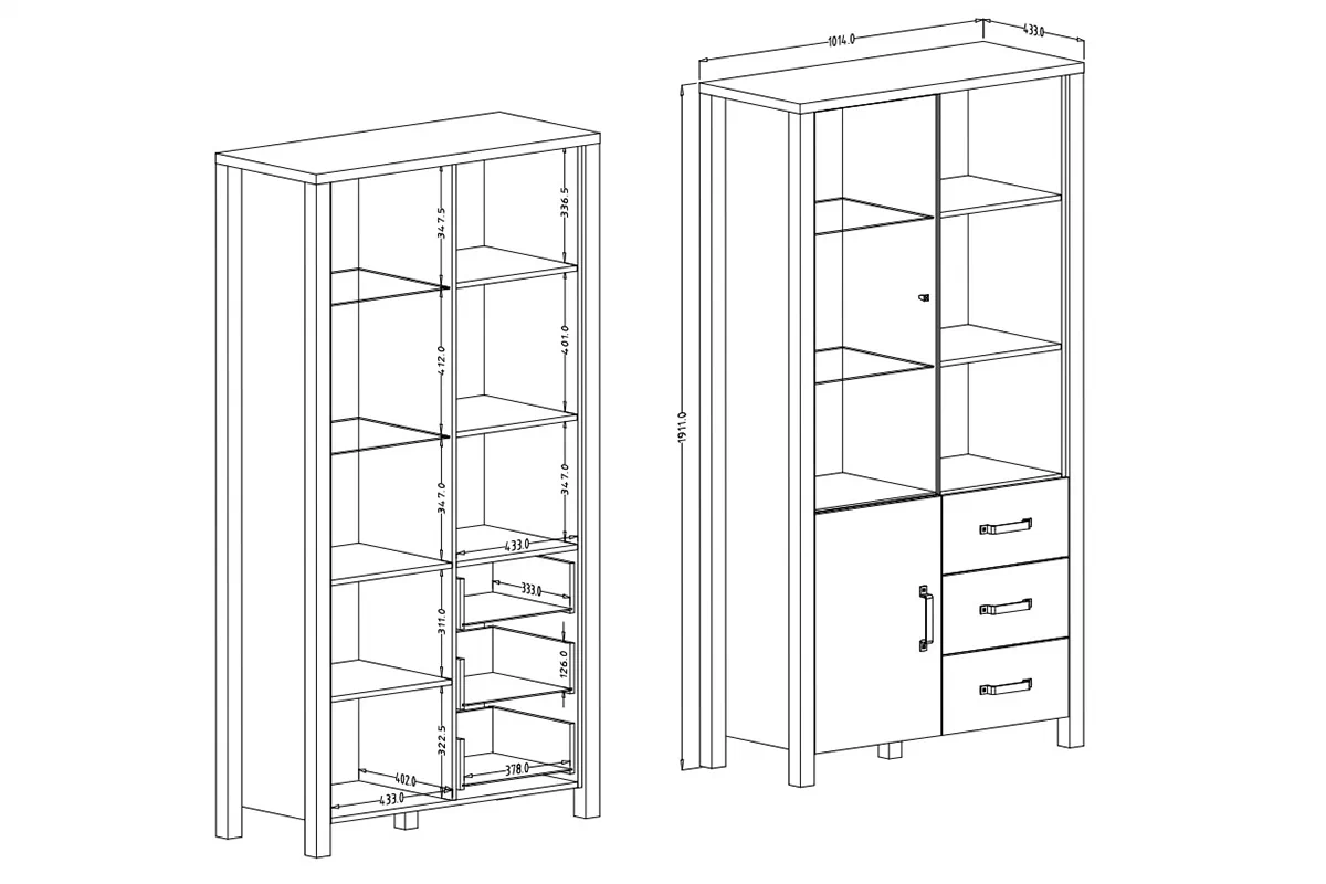 Presklená vitrína Olin 13 so zásuvkami 101 cm - karamelový dub / čierny supermat Vitrína dvojdverová so zásuvkami Olin 101 2D3SZ - Dub karmel / Čierny supermat  - Rozmery