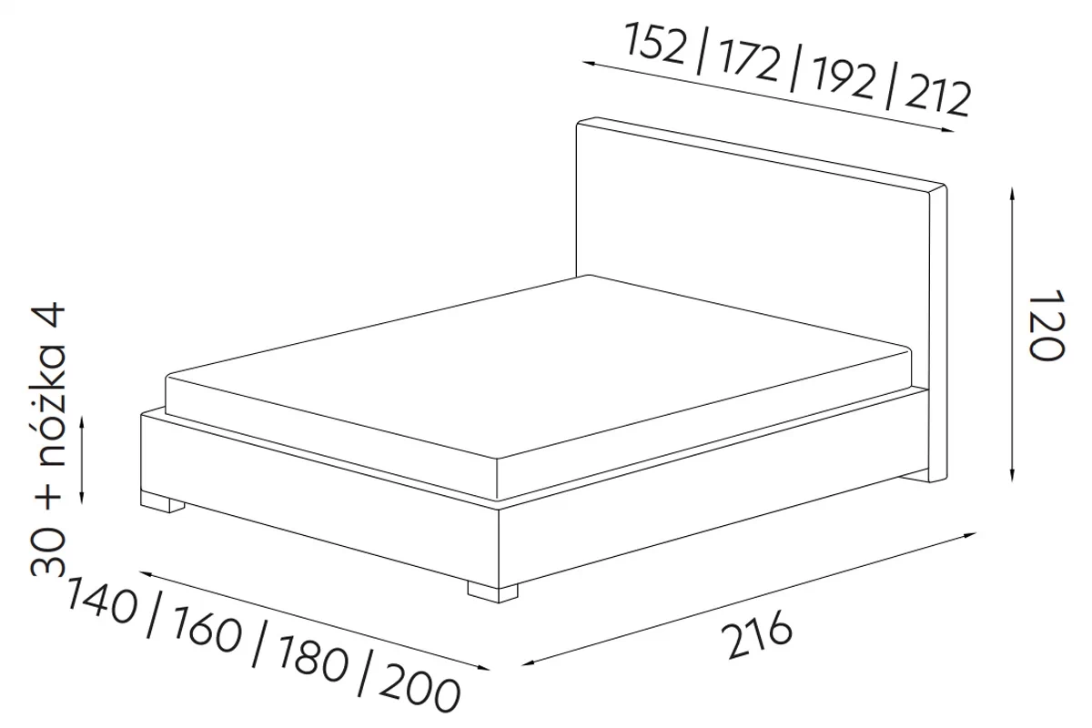 Čalouněná postel 180x200 Porto z regulowanym zaglowkiem a úložným prostorem postel čalouněné 180x200 Porto z regulowanym zaglowkiem a úložným prostorem - Rozměry