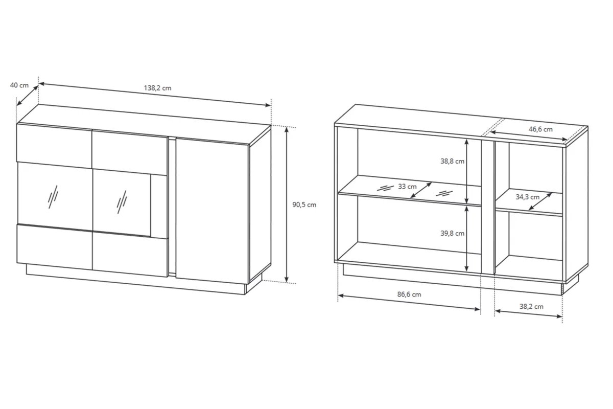 Komoda Arcano s proskleným čelem 138 cm - bílá/dub grandson třídveřová Komoda Arcano z przeszklonym frontem 138 cm - Bílý/Dub grandson