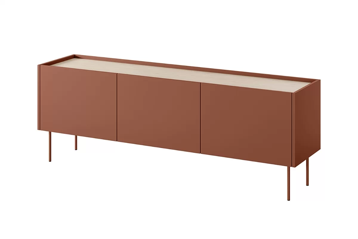 TV stolek Desin se skrytou zásuvkou a kovovými nohami 170 cm – červený / ceramic red / dub nagano – Výprodej z expozice Skříňka RTV Desin z ukryta szuflada i metalowymi nogami 170 cm - Červený / ceramic red / dub nagano - Výprodej z expozice
