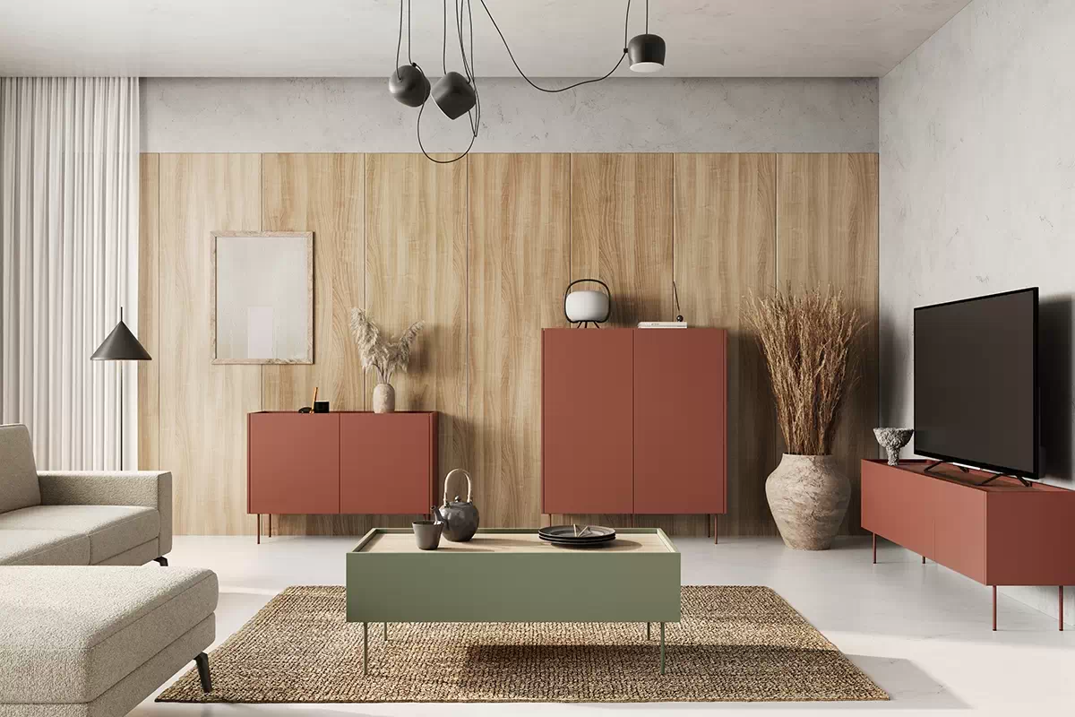 TV stolek Desin se skrytou zásuvkou a kovovými nohami 170 cm – červený / ceramic red / dub nagano – Výprodej z expozice Skříňka RTV Desin z ukryta szuflada i metalowymi nogami 170 cm - Červený / ceramic red / dub nagano - Výprodej z expozice