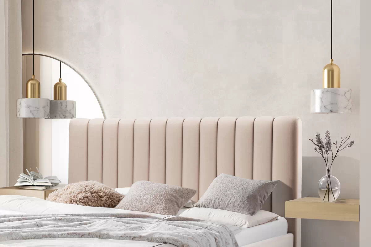 Manželská posteľ Nicole 160x200 - béžový zamat Velluto 2 / zlaté nohy Posteľ do  spálňa  Nicole 160x200 - béžový zamat Velluto 2 / nožičky zlote (produkcja bogart)