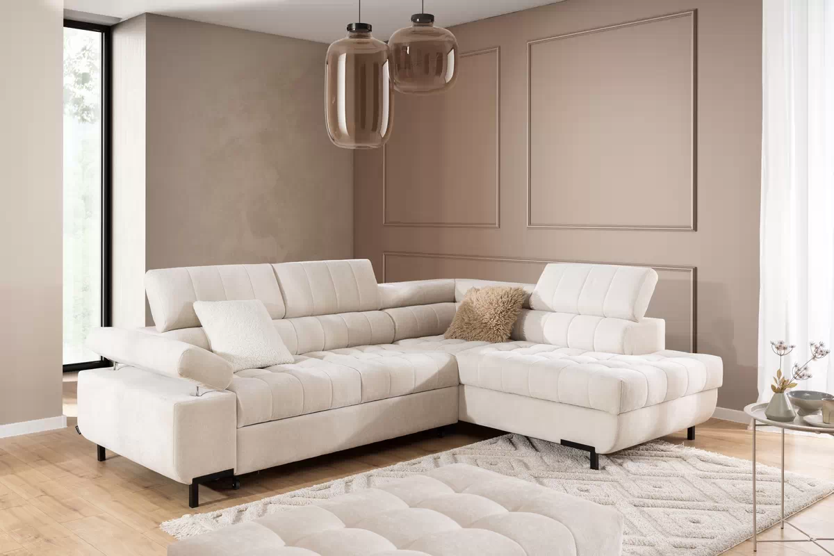 Rozkládací rohová sedací souprava Tyrion L pravá - béžová látka Ditra New 20 Rohová sedací souprava pravá rozkladany pro obývacího pokoje Tyrion L - béžová šenil Ditra New 20