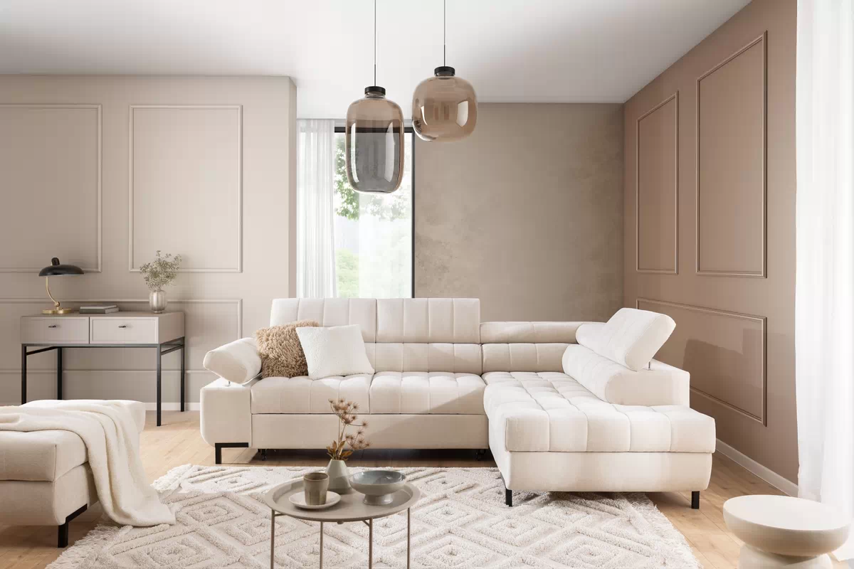 Rozkládací rohová sedací souprava Tyrion L pravá - béžová látka Ditra New 20 Rohová sedací souprava pravá rozkladany pro obývacího pokoje Tyrion L - béžová šenil Ditra New 20