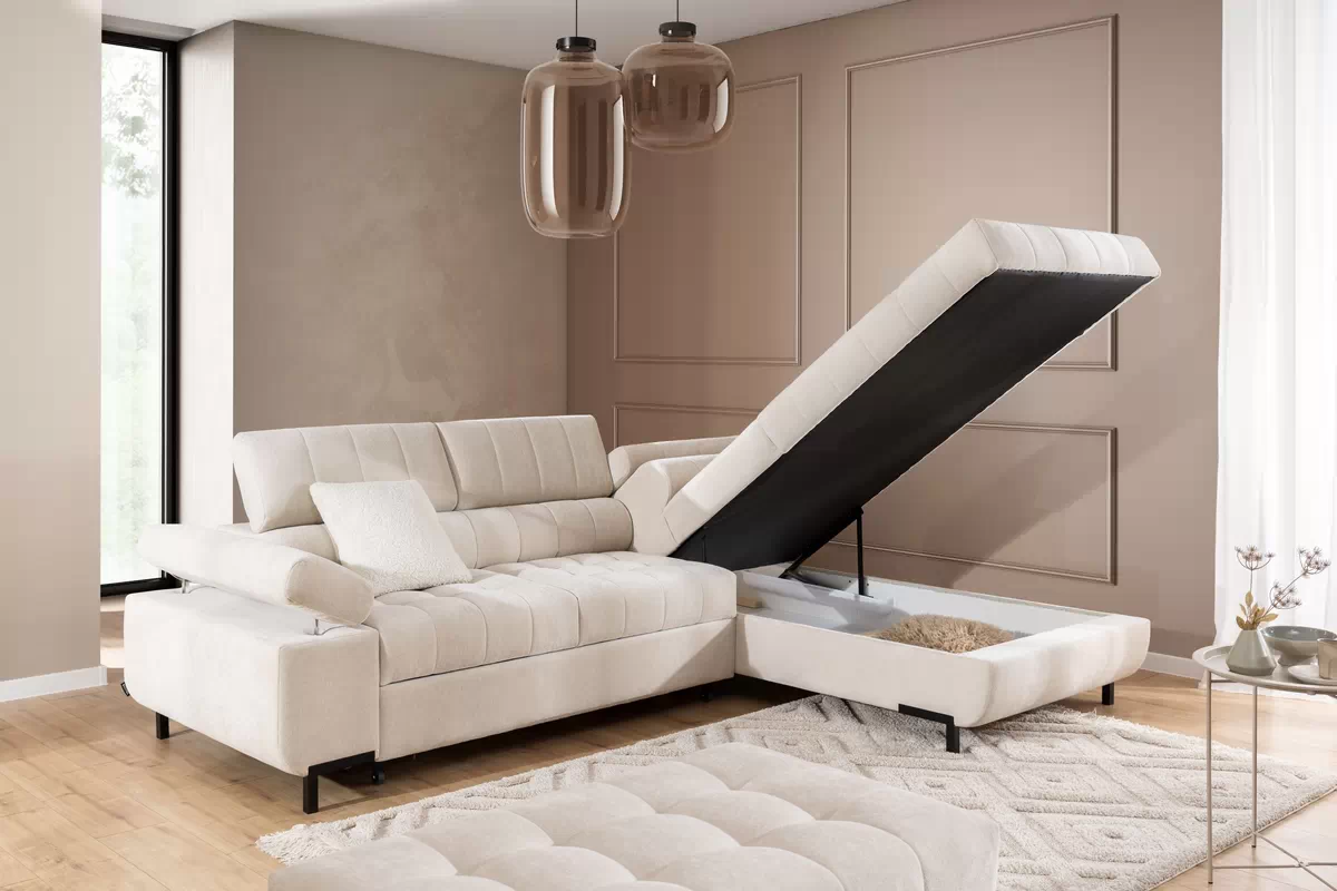 Rozkládací rohová sedací souprava Tyrion L pravá - béžová látka Ditra New 20 Rohová sedací souprava pravá rozkladany pro obývacího pokoje Tyrion L - béžová šenil Ditra New 20