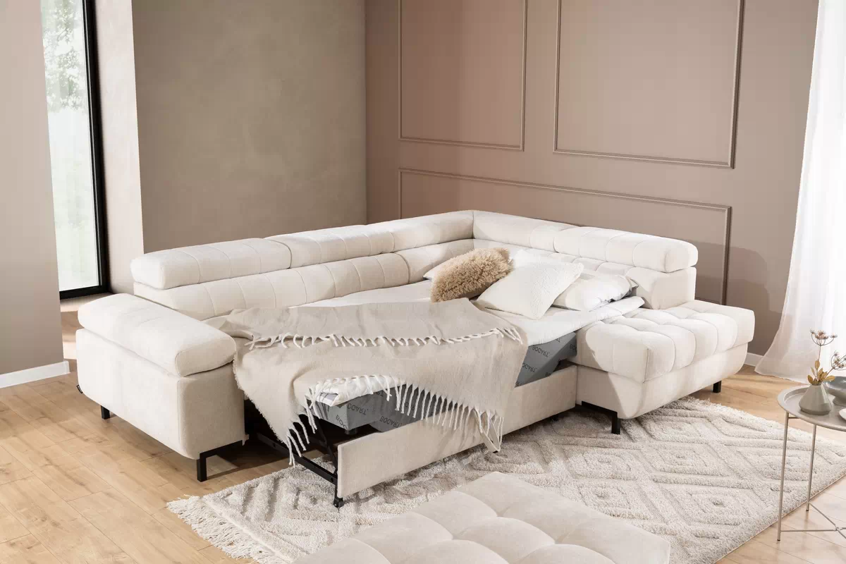 Rozkládací rohová sedací souprava Tyrion L pravá - béžová látka Ditra New 20 Rohová sedací souprava pravá rozkladany pro obývacího pokoje Tyrion L - béžová šenil Ditra New 20