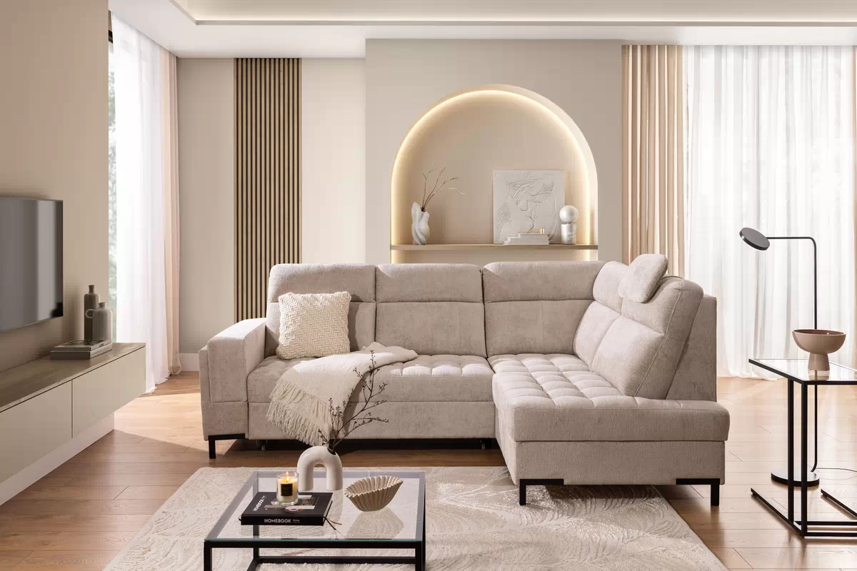 Rohová pohovka Gespano L pravostranná se širokým, vyříznutým bokem - béžový šenil Perfect harmony 07 Rohová sedací souprava Gespano L pravá z szerokim, wcietym bokiem - Perfect harmony 07