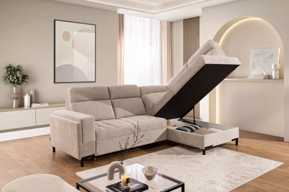 Rohová pohovka Gespano L pravostranná se širokým, vyříznutým bokem - béžový šenil Perfect harmony 07 Rohová sedací souprava Gespano L pravá z szerokim, wcietym bokiem - Perfect harmony 07