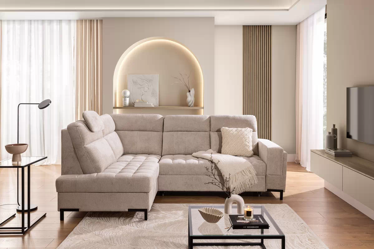 Rohová pohovka Gespano L levostranná se širokou, zkosenou područkou - béžový šenil Perfect harmony 07 Rohová sedací souprava Gespano L levá z szerokim, wcietym bokiem - Perfect harmony 07