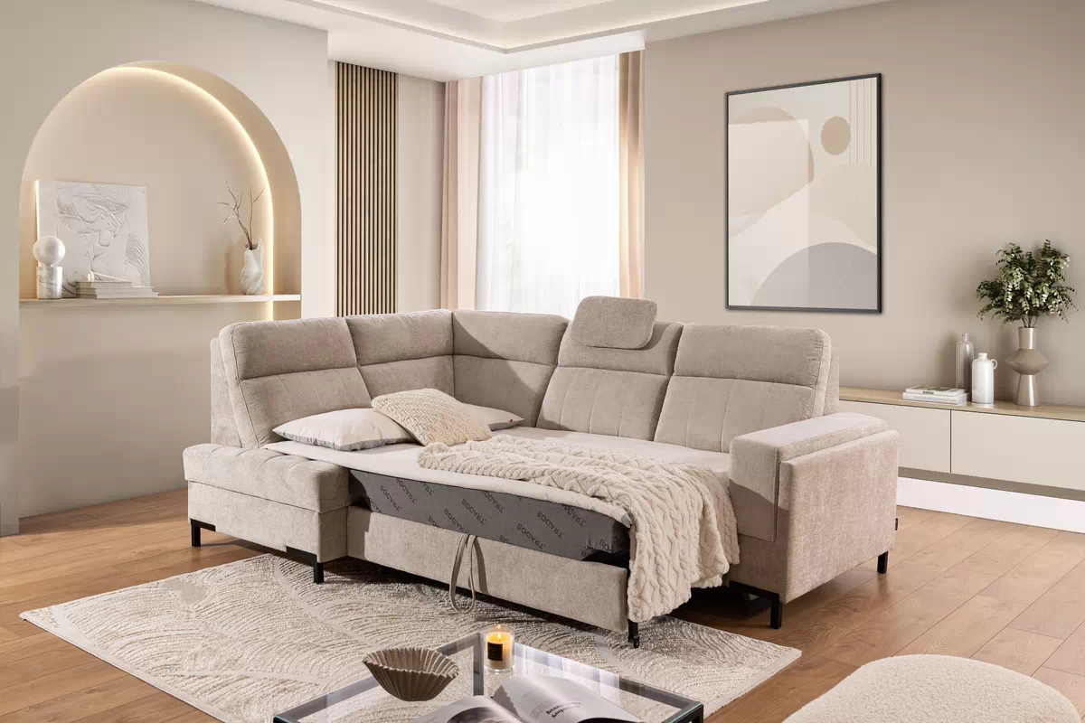 Rohová pohovka Gespano L levostranná se širokou, zkosenou područkou - béžový šenil Perfect harmony 07 Rohová sedací souprava Gespano L levá z szerokim, wcietym bokiem - Perfect harmony 07