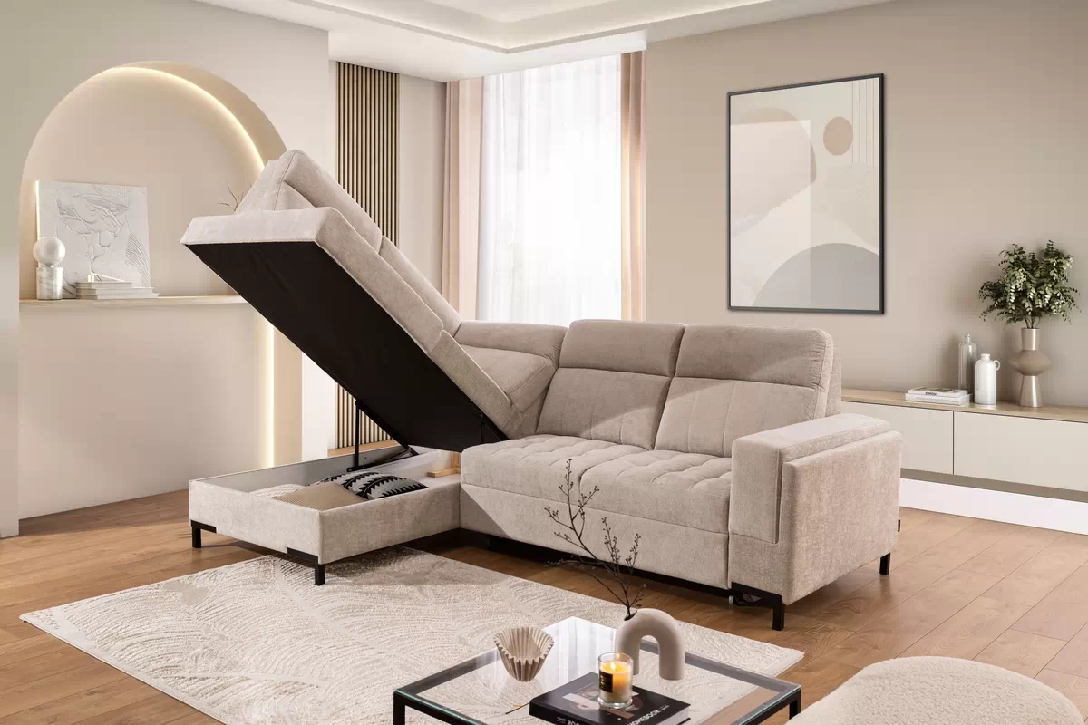 Rohová pohovka Gespano L levostranná se širokou, zkosenou područkou - béžový šenil Perfect harmony 07 Rohová sedací souprava Gespano L levá z szerokim, wcietym bokiem - Perfect harmony 07