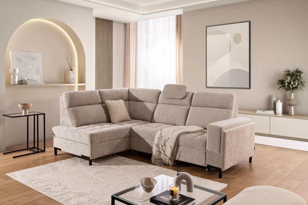 Rohová pohovka Gespano L levostranná se širokou, zkosenou područkou - béžový šenil Perfect harmony 07 Rohová sedací souprava Gespano L levá z szerokim, wcietym bokiem - Perfect harmony 07