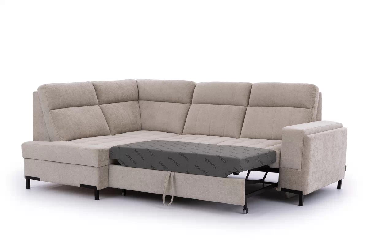 Rohová pohovka Gespano L levostranná se širokou, zkosenou područkou - béžový šenil Perfect harmony 07 Rohová sedací souprava Gespano L levá z szerokim, wcietym bokiem - Perfect harmony 07