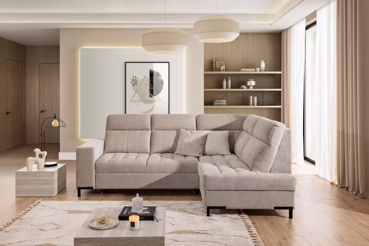 Rohová pohovka Gespano L pravostranná se širokým bokem - béžový šenil Perfect harmony 07 Rohová sedací souprava Gespano L pravá z szerokim bokiem - béžová šenil Perfect harmony 07