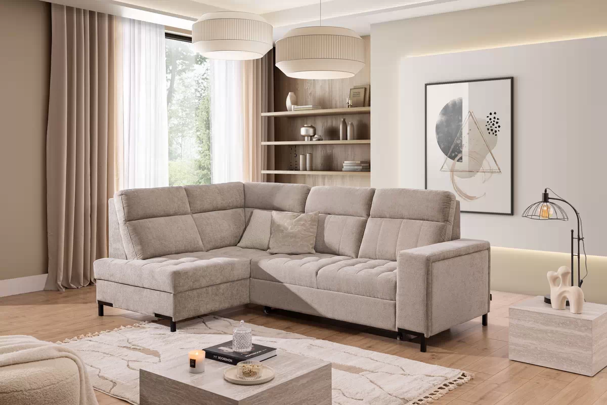 Rozkladacia rohová sedačka Gespano L ľavá - široký bok CU - béžová žinylka Perfect Harmony 07 Rohová sedacia súprava Gespano L Ľavá strana z szerokim bokiem - béžový šenil Perfect harmony 07