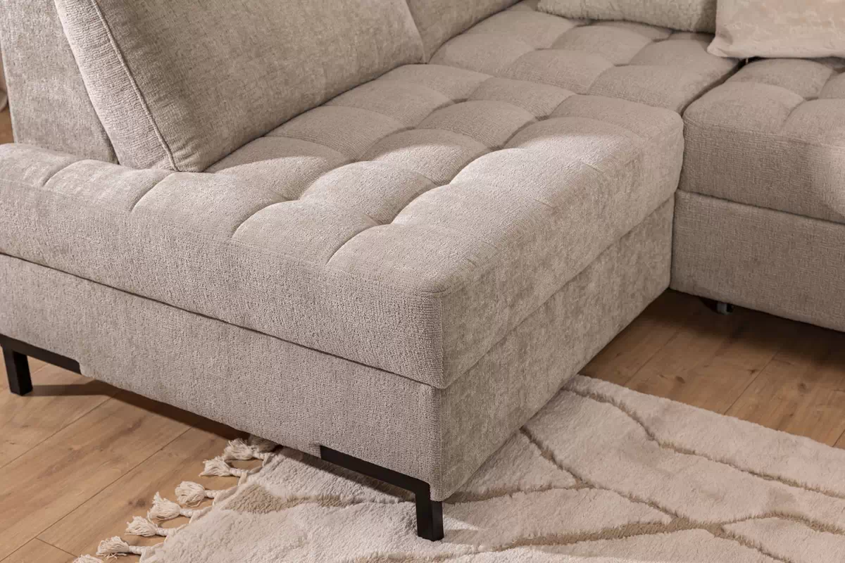 Rozkladacia rohová sedačka Gespano L ľavá - široký bok CU - béžová žinylka Perfect Harmony 07 Rohová sedacia súprava Gespano L Ľavá strana z szerokim bokiem - béžový šenil Perfect harmony 07