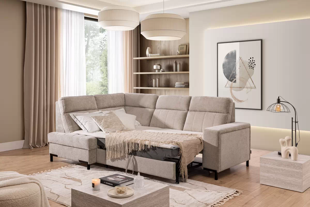 Rozkladacia rohová sedačka Gespano L ľavá - široký bok CU - béžová žinylka Perfect Harmony 07 Rohová sedacia súprava Gespano L Ľavá strana z szerokim bokiem - béžový šenil Perfect harmony 07