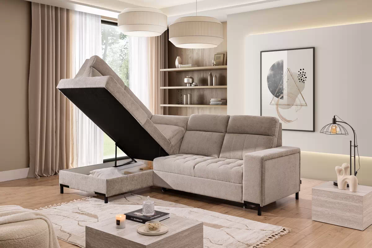 Rozkladacia rohová sedačka Gespano L ľavá - široký bok CU - béžová žinylka Perfect Harmony 07 Rohová sedacia súprava Gespano L Ľavá strana z szerokim bokiem - béžový šenil Perfect harmony 07