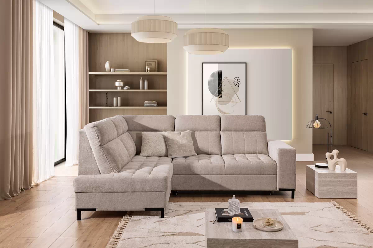 Rozkladacia rohová sedačka Gespano L ľavá - široký bok CU - béžová žinylka Perfect Harmony 07 Rohová sedacia súprava Gespano L Ľavá strana z szerokim bokiem - béžový šenil Perfect harmony 07