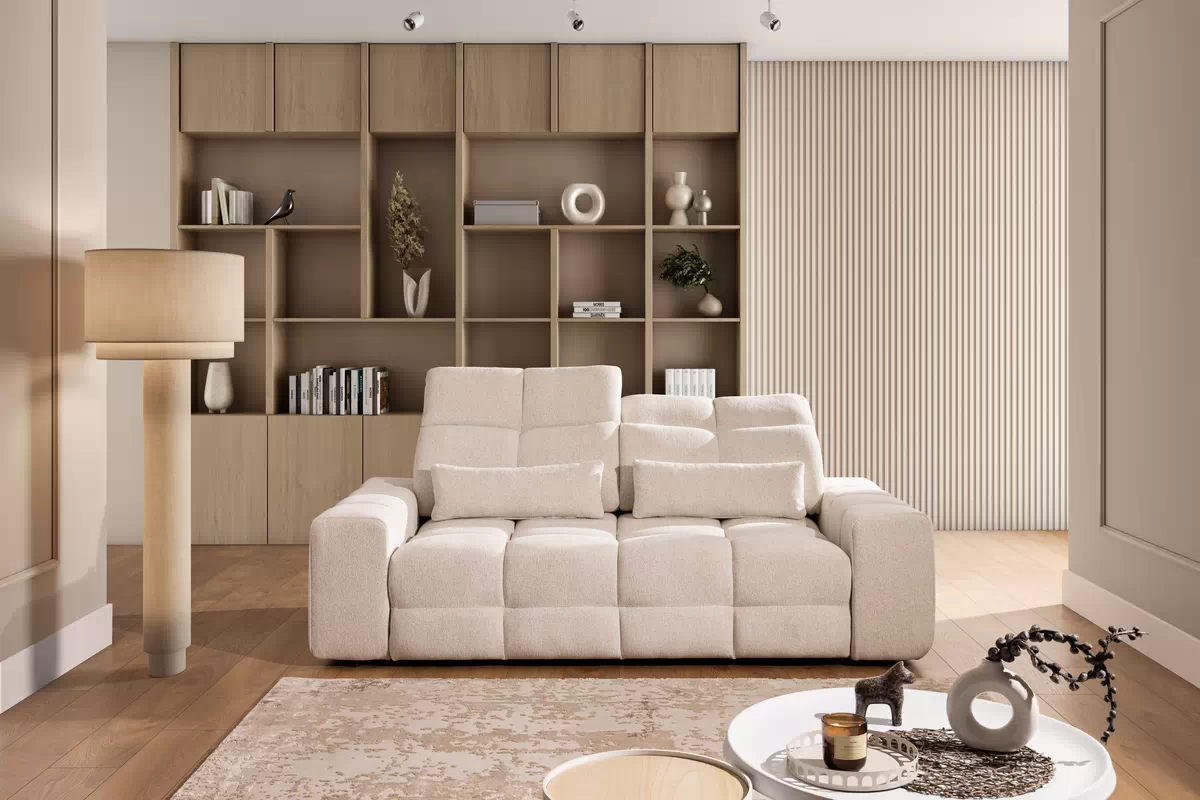 Sedačka Magnelio Prestige III s elektricky výsuvným sedákem - béžová bouclé Raven 22 Pohovka Magnelio Prestige III z elektricky wysuwanym sedadlem - béžová bukla Raven 22