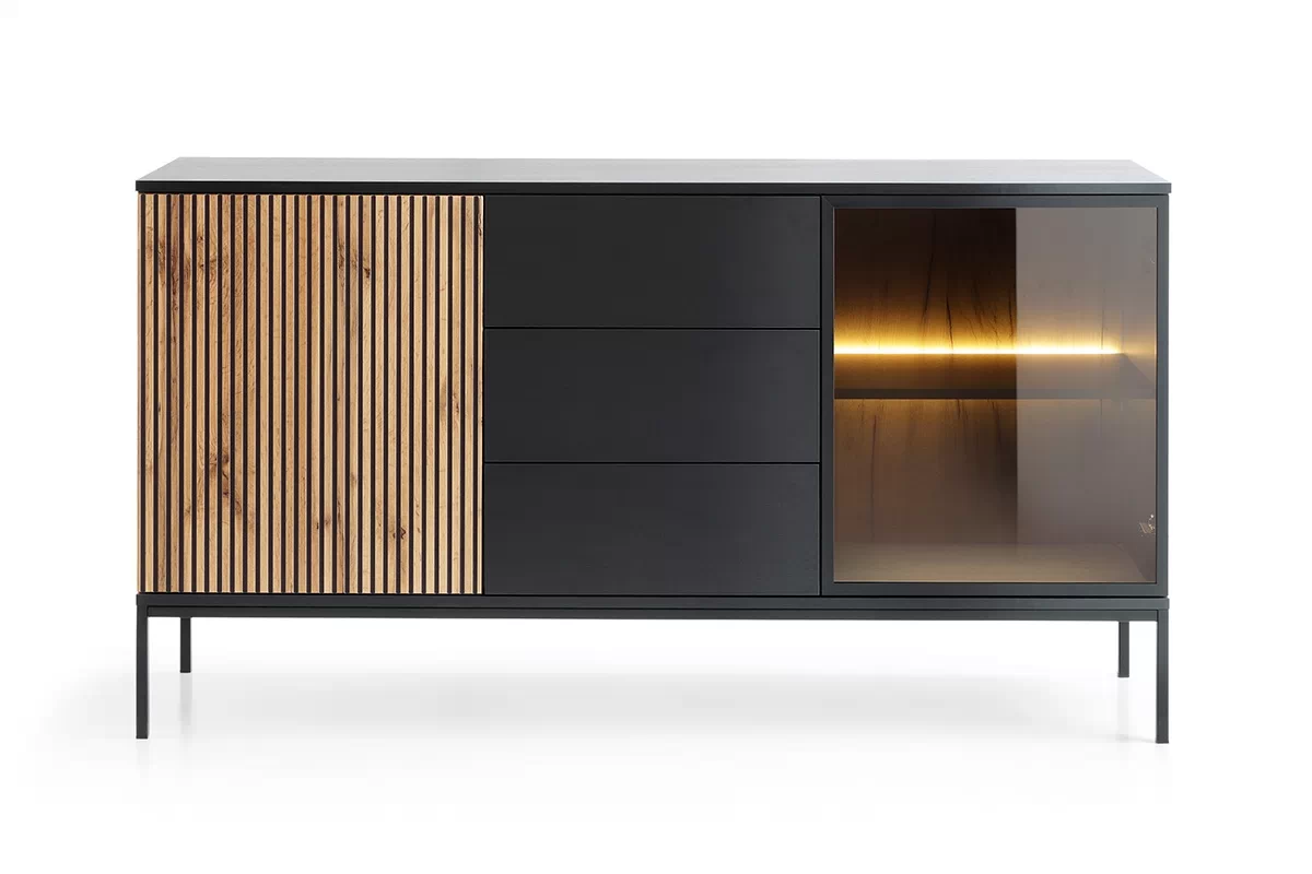 Komoda Bogalo se zásuvkami a LED osvětlením - černá / dub wotan Komoda se zásuvkami i oswietleniem LED Bogalo - černá / dub wotan