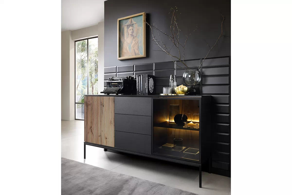 Komoda Bogalo se zásuvkami a LED osvětlením - černá / dub wotan Komoda se zásuvkami i oswietleniem LED Bogalo - černá / dub wotan