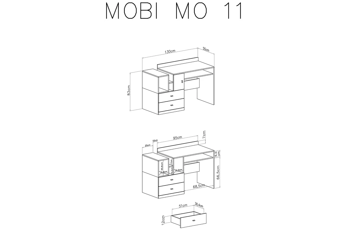 Psací stůl Mobi MO11 - 130 cm - bílá / žlutá schemat Psací stoly mobi