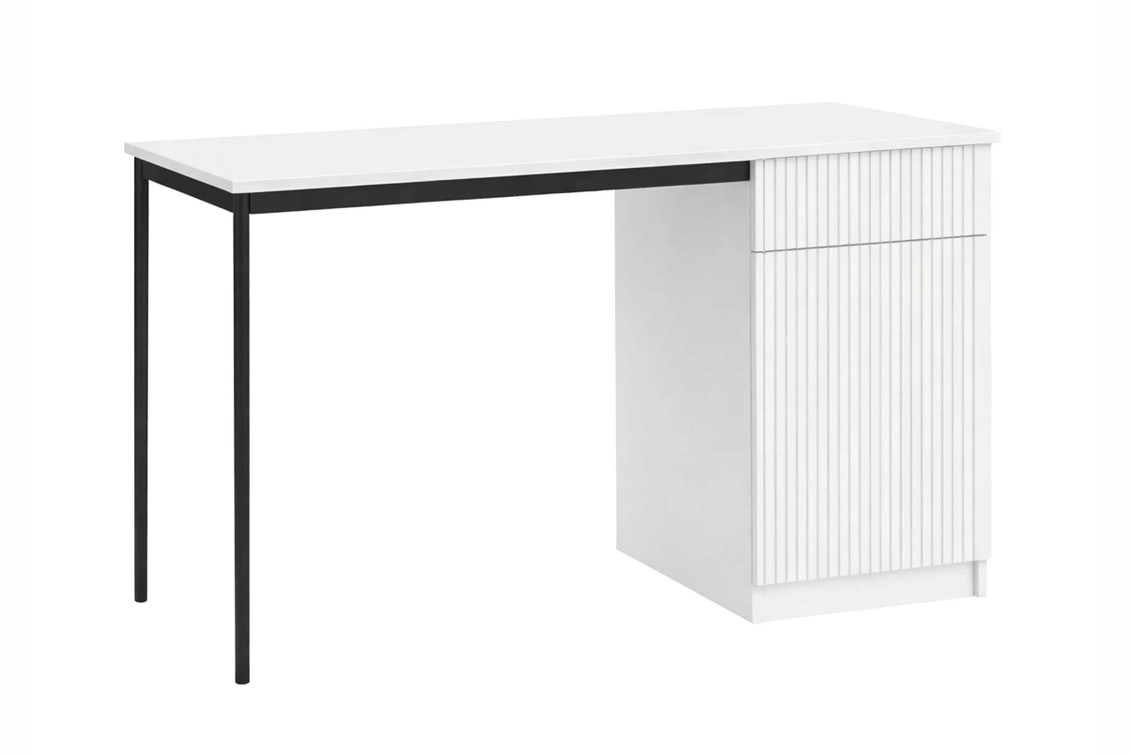 Biely písací stôl Nicole 120 cm s jednými dverami a zásuvkou - biely mat / čierne nohy Písací stôl Nicole 120 cm jednodverové z szuflada - biely mat / čierny nozki