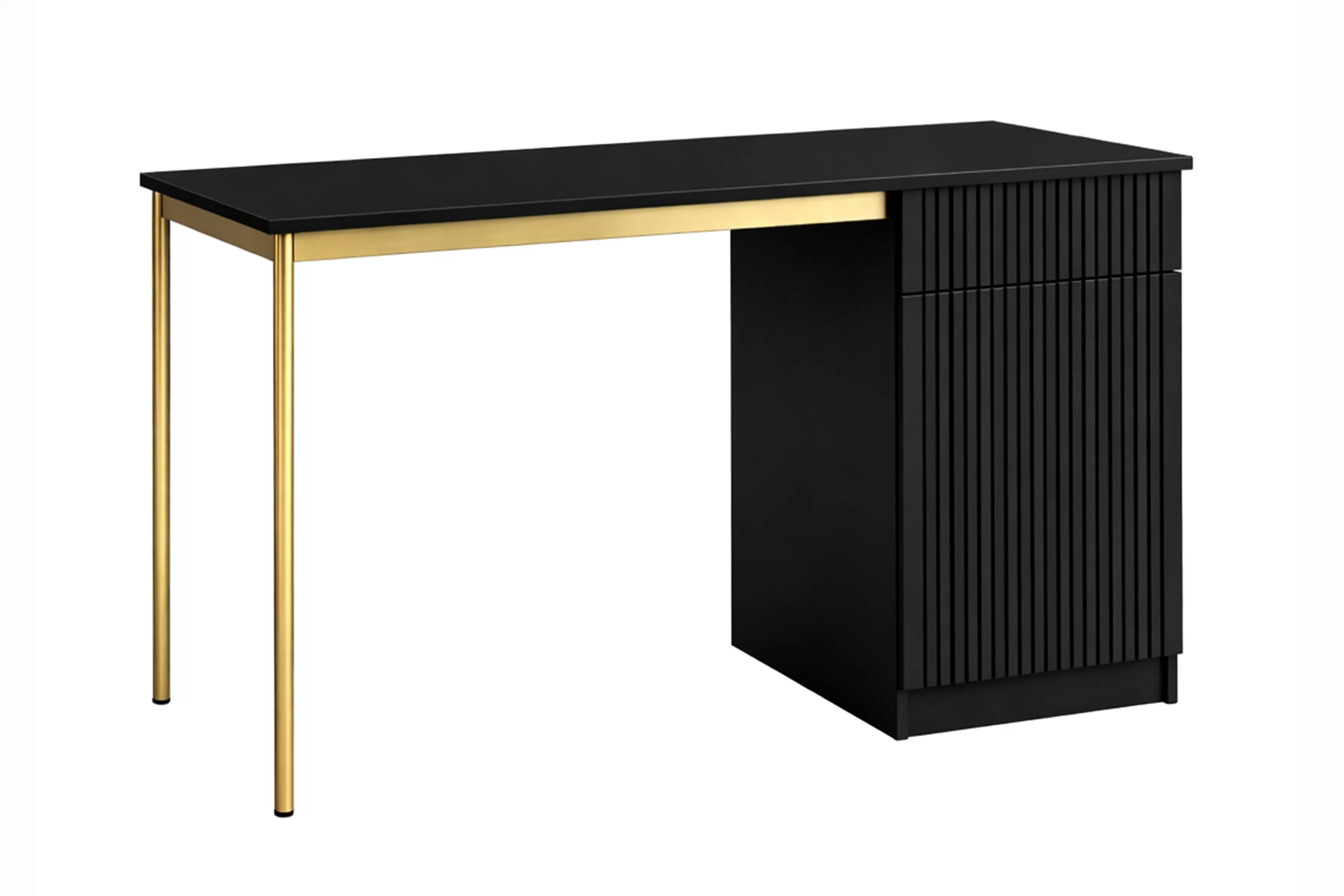 Čierny písací stôl Nicole 120 cm s jednými dverami a zásuvkou - matný čierny / zlaté nohy Písací stôl Nicole 120 cm jednodverové z szuflada - Čierny mat / zlote nozki