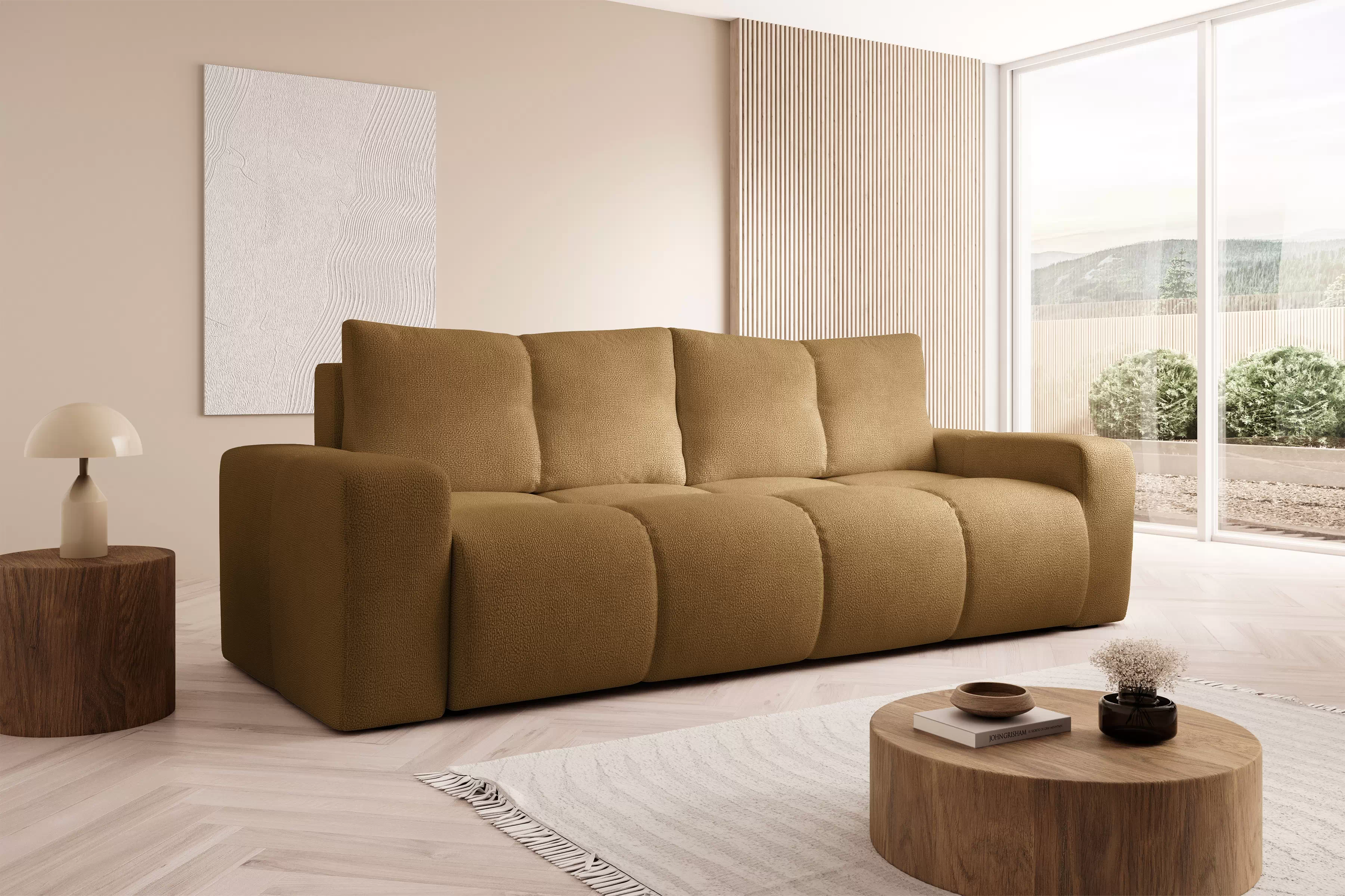 Rozkládací pohovka Vebra s úložným prostorem - hořčicový šenil Perfect Harmony 56 Gauč Vebra s funkcí spaní a úložným prostorem na posciel - hořčice šenil Perfect Harmony 56