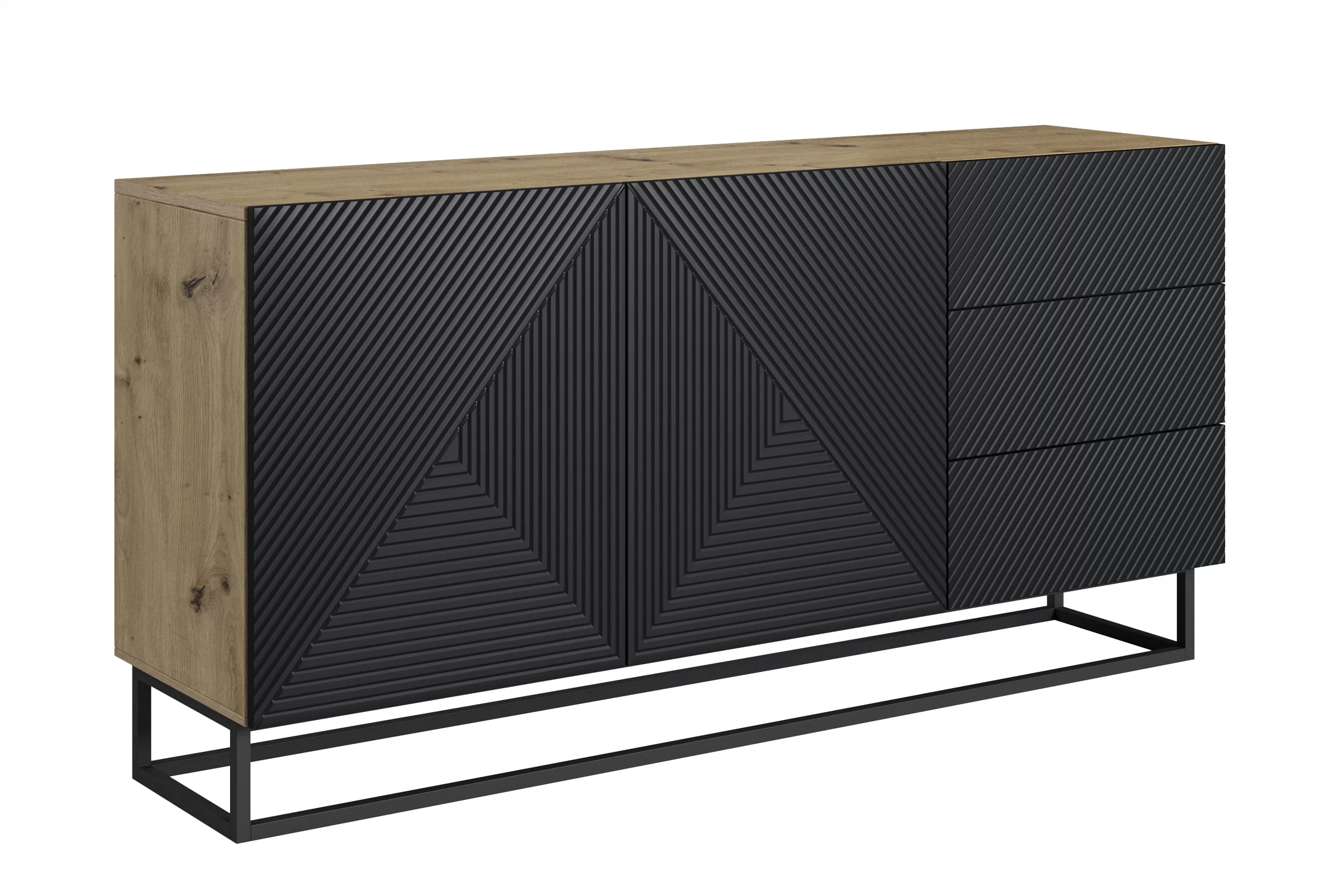 Dvojdverová komoda Asha 167 cm so zásuvkami - artisan / čierny mat / čierny rám Komoda Asha 167 cm dvojdverová so zásuvkami - artisan / Čierny mat / Čierny Rošt
