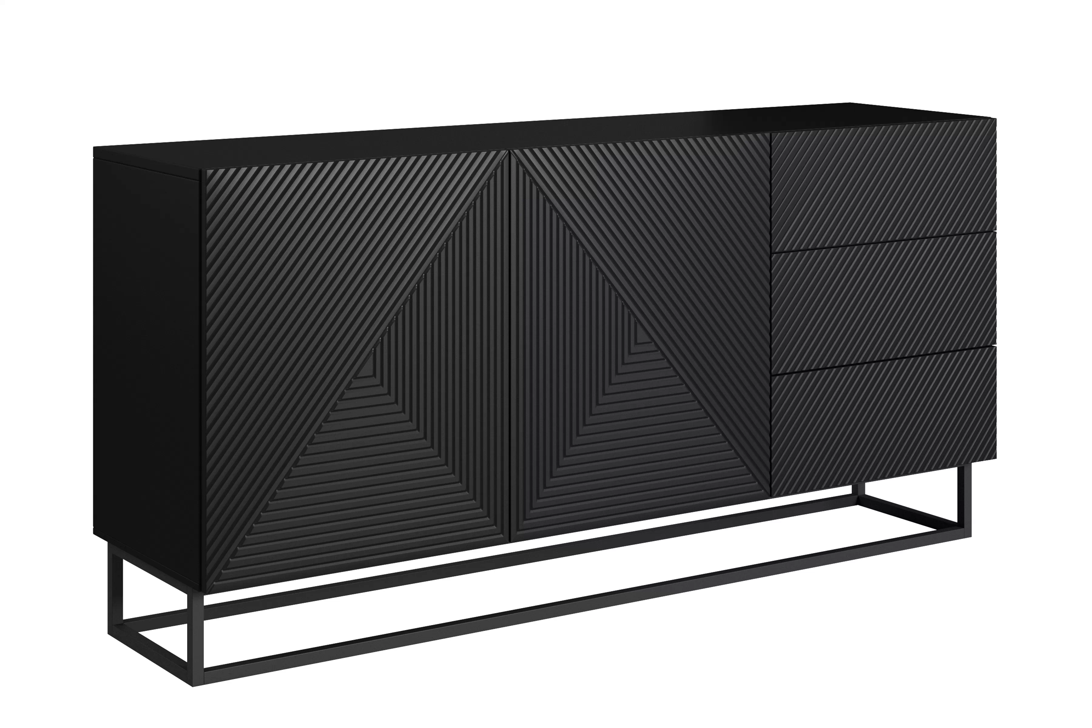 Čierna matná komoda Asha 167 cm s dvoma dverami a zásuvkami - čierny rám Komoda Asha 167 cm dvojdverová so zásuvkami - Čierny mat / Čierny Rošt