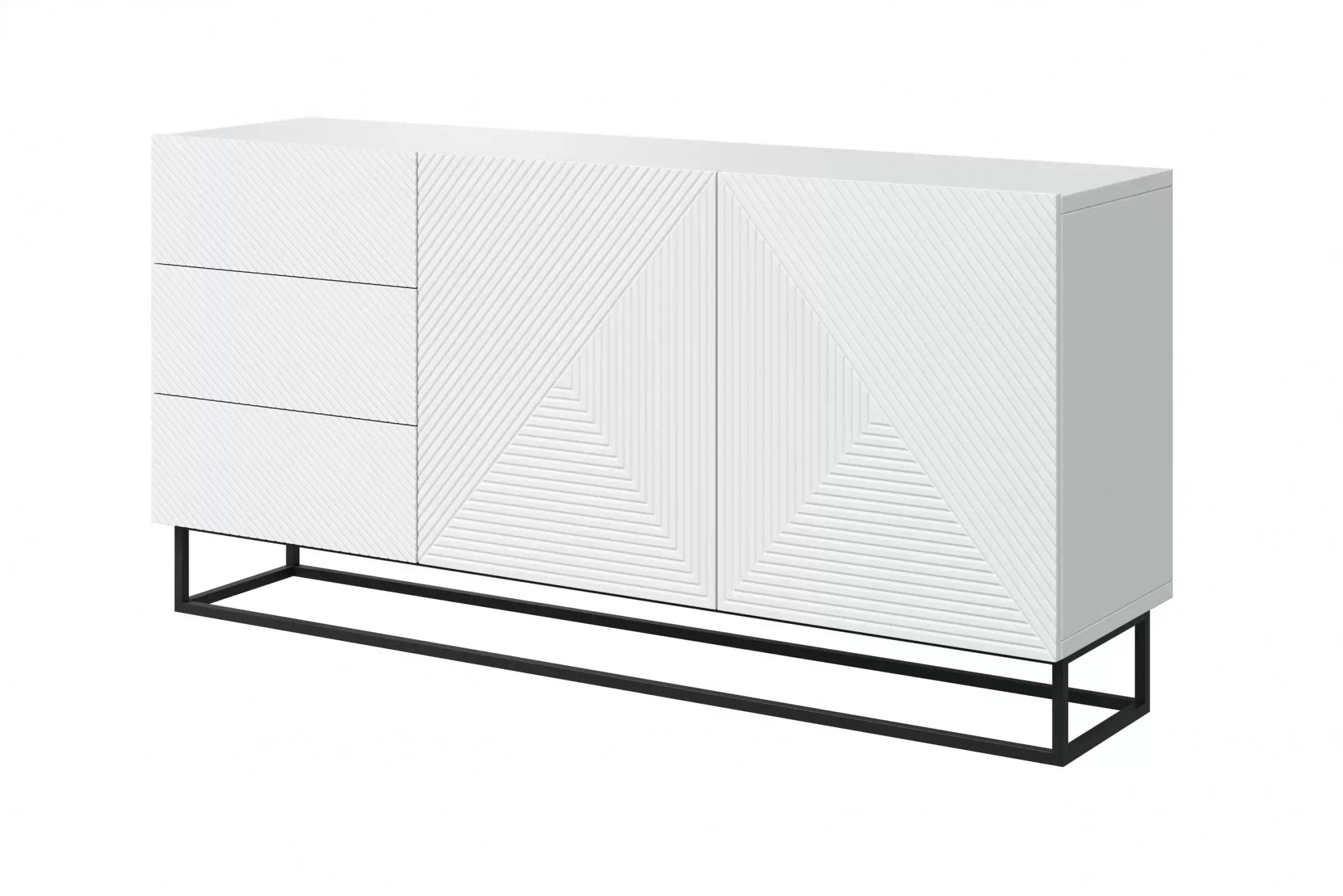 Komoda Asha 167 cm na čiernom podstavci - biely mat Komoda Asha 167 cm so zásuvkami i metalowymi nogami - biely mat