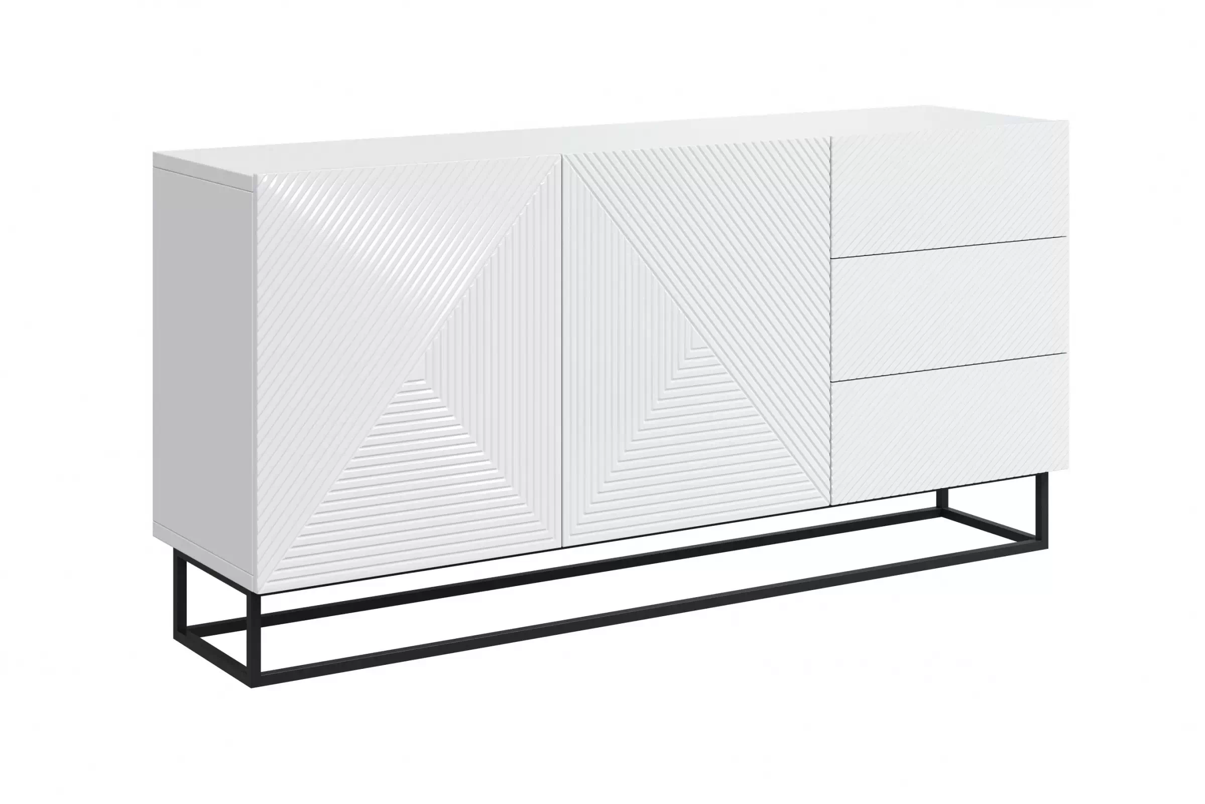 Komoda Asha 167 cm na čiernom podstavci - biely lesk Komoda Asha 167 cm so zásuvkami i metalowymi nogami - biely lesk