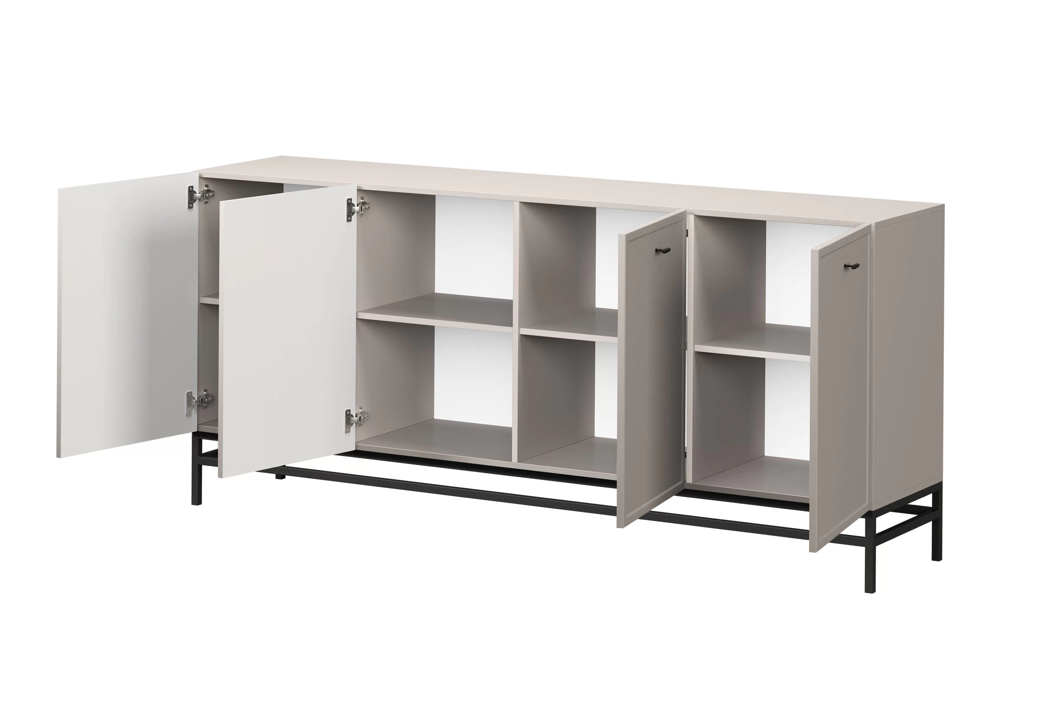 Komoda Lorini 200 cm na stojane - kašmírová / čierne úchytky T Štvordverová Komoda Lorini 200 cm - kašmír / čierny úchyty T-bar / Rošt